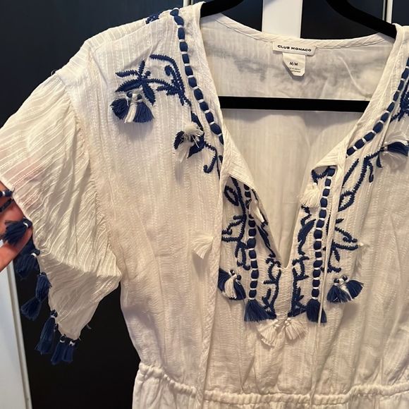 Club Monaco white & blue midi drawstring kaftan with embroidery/ pompoms -medium - Picture 2 of 3